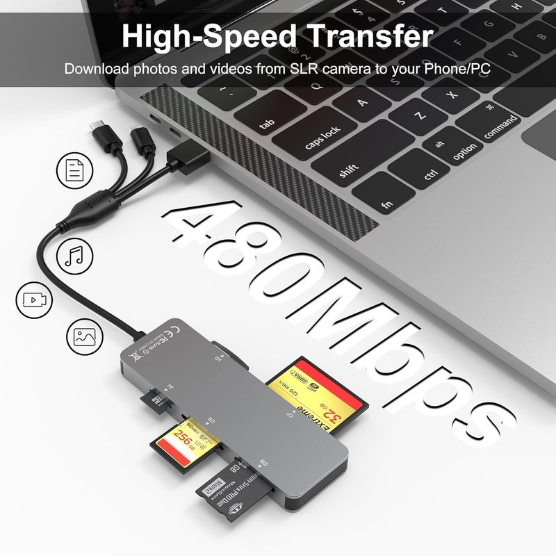 Ardaddyn Memory Stick pro Duo Adapter - 5 in 1 SD/TF/MS/CF/XD Card Reader for PC/Android/Lightning Device, Aluminum Multi Memory Card Reader USB C Lightning OTG Adapter Memory Stick pro Duo Reader for iPhone - Image 4